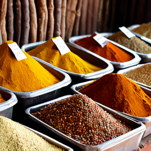 **A vibrant and aromatic Somali spice market. Focus on the Xawaash spice blend, highlighting cumin, coriander, black pepper, and turmeric. Emphasize the fresh, earthy tones and the textures of the spices in bags and displays, maybe a farmer in the background.**