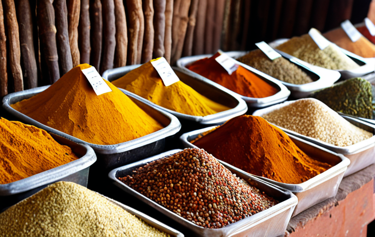 **A vibrant and aromatic Somali spice market. Focus on the Xawaash spice blend, highlighting cumin, coriander, black pepper, and turmeric. Emphasize the fresh, earthy tones and the textures of the spices in bags and displays, maybe a farmer in the background.**