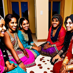 **A vibrant Somali *Xeenna* night scene.** Focus on the bride surrounded by her female relatives and friends, all adorned with intricate henna designs. The air is filled with laughter and music. Capture the artistry of the henna patterns, the colorful traditional dresses (*diracs*), and the joyous atmosphere of sisterhood.