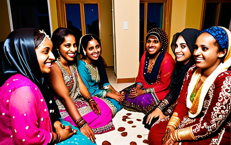 **A vibrant Somali *Xeenna* night scene.** Focus on the bride surrounded by her female relatives and friends, all adorned with intricate henna designs. The air is filled with laughter and music. Capture the artistry of the henna patterns, the colorful traditional dresses (*diracs*), and the joyous atmosphere of sisterhood.