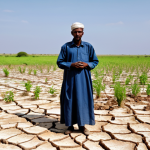 A dignified Somali farmer, fully clothed in modest traditional attire, stands in a vast, parched landscape with cracked earth, yet a small, green drought-resistant plant thrives nearby. In the background, a simple, effective rainwater harvesting system is visible. The farmer gazes towards the horizon with quiet determination, symbolizing hope and adaptation. Professional photography, natural light, realistic, high quality, perfect anatomy, correct proportions, natural pose, well-formed hands, proper finger count, natural body proportions, safe for work, appropriate content, fully clothed, professional, family-friendly.