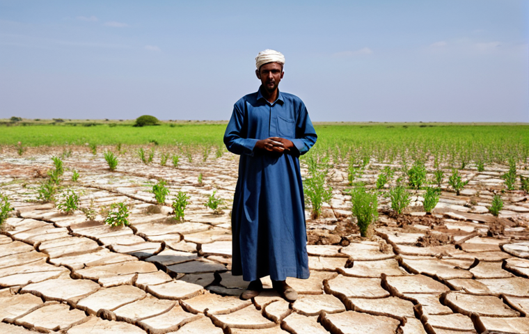A dignified Somali farmer, fully clothed in modest traditional attire, stands in a vast, parched landscape with cracked earth, yet a small, green drought-resistant plant thrives nearby. In the background, a simple, effective rainwater harvesting system is visible. The farmer gazes towards the horizon with quiet determination, symbolizing hope and adaptation. Professional photography, natural light, realistic, high quality, perfect anatomy, correct proportions, natural pose, well-formed hands, proper finger count, natural body proportions, safe for work, appropriate content, fully clothed, professional, family-friendly.