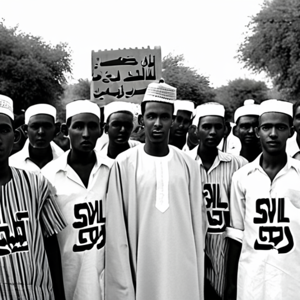 "A group of Somali Youth League (SYL) members in the 1950s, fully clothed in modest traditional Somali attire, gathered outdoors for a peaceful rally advocating for independence, holding banners with Somali script, appropriate attire, safe for work, professional photography, perfect anatomy, natural proportions, family-friendly, historical setting."