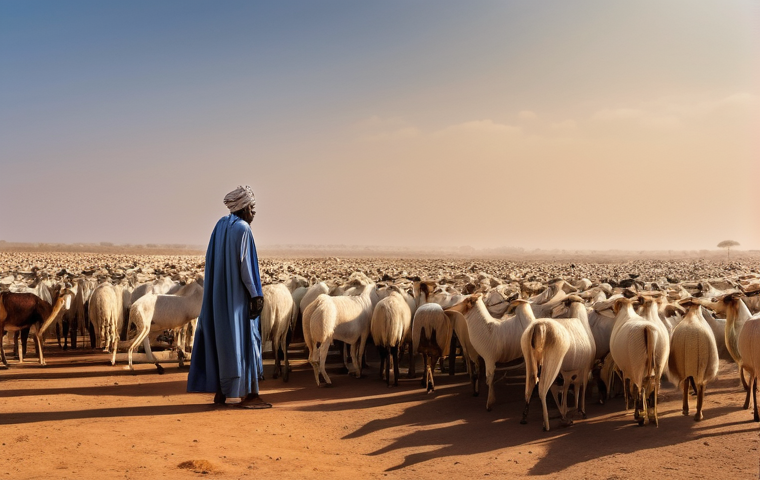 소말리아의 주요 무역품 - **Prompt:** A wide shot of a resilient Somali pastoralist, dressed in modest, traditional attire inc...