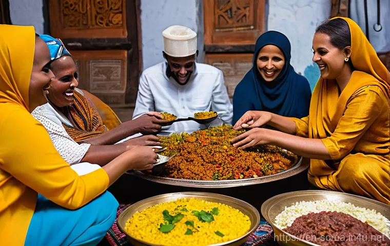 소말리아 음식 소개 - **A Vibrant Somali Communal Feast**: A beautifully lit, warm, and inviting scene of a Somali family ...
