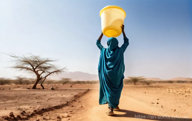 소말리아의 식수 문제 - **Prompt 1: The Daily Trek for Water**
    "A photorealistic image of a Somali mother and her two yo...