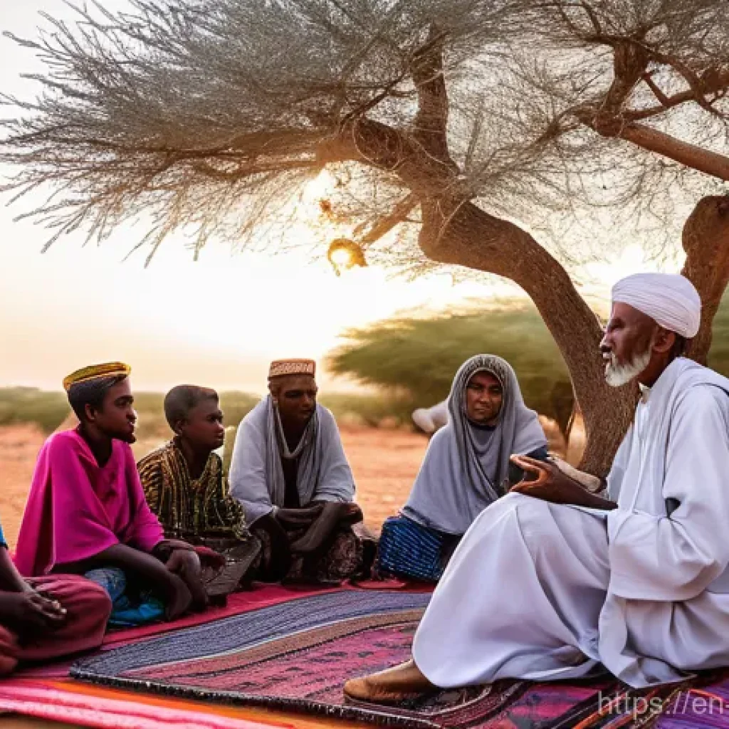 소말리아 문학 작품 - **A Somali Elder Reciting Gabay Poetry to a Community:**
    An elderly Somali man with a wise, weat...