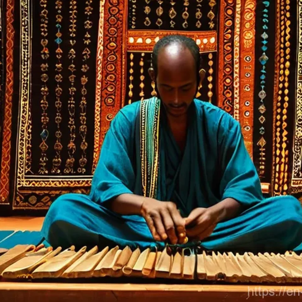 소말리아 전통 악기 사용법 - The Soulful Kaban Performer**

"A Somali male musician, aged 30-40, sits gracefully on a low stool o...