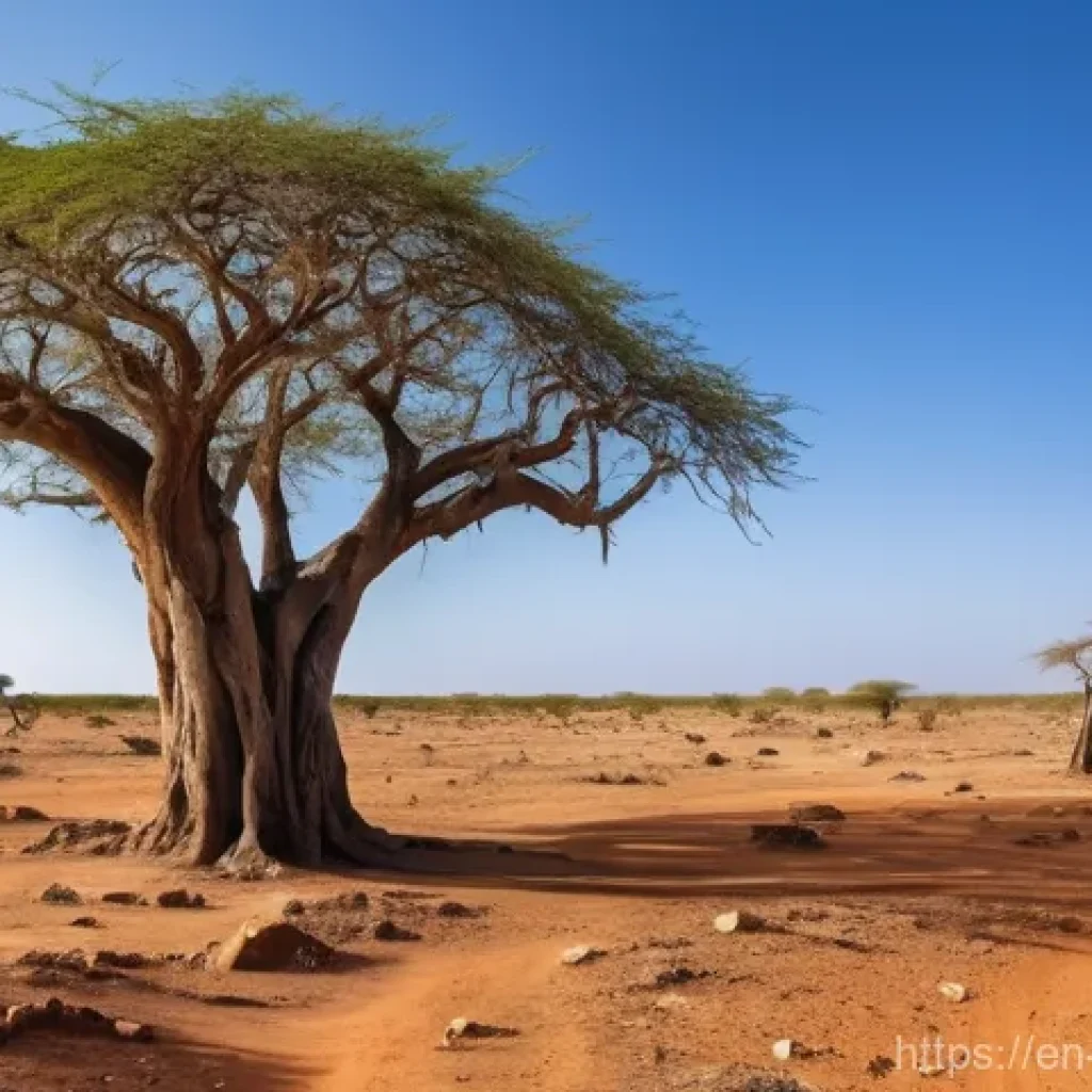 소말리아 주요 식물 - **Prompt:** A wide, panoramic shot showcasing the extreme resilience of life in Somalia's arid plain...