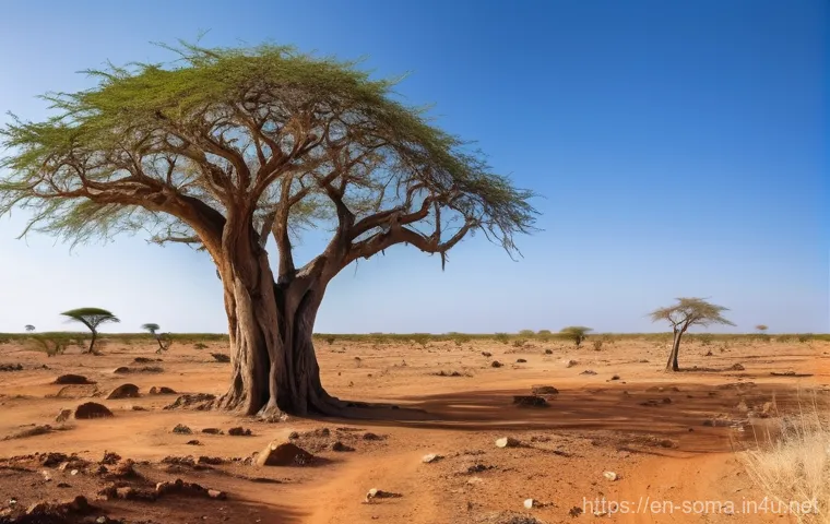 소말리아 주요 식물 - **Prompt:** A wide, panoramic shot showcasing the extreme resilience of life in Somalia's arid plain...