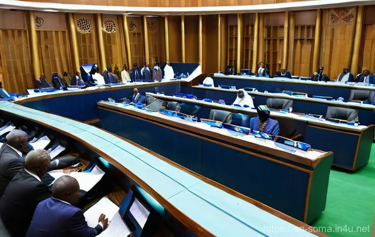소말리아 정치 체제 - **Prompt 1: Somali Federal Parliament in Session**
    A vibrant, wide-angle shot of the Somali Fede...