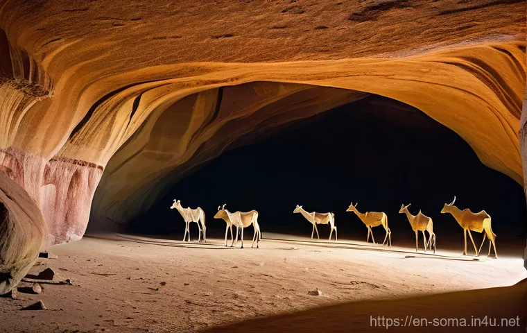 소말리아 유적지 답사 - **Prompt:** A breathtaking, wide-angle shot of the interior of the Laas Geel rock shelters in Somali...