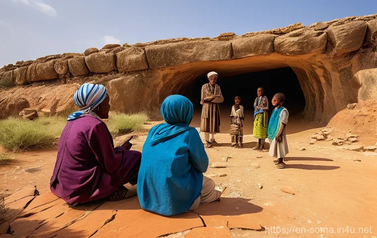 소말리아 유적지 답사 - **Prompt:** A bustling, sun-drenched scene in the ancient port city of Zeila or Berbera, along the S...