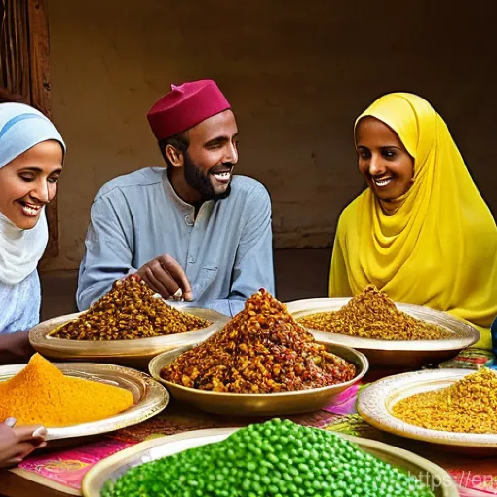 소말리아 유명 요리사 - Communal Bariis Iskukaris Feast**

A vibrant, warm, and inviting scene of a Somali family or group o...
