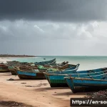 소말리아 해적 활동의 역사적 배경 - A detailed scene of a Somali coastal fishing village in decline: weary local fishermen wearing simpl...