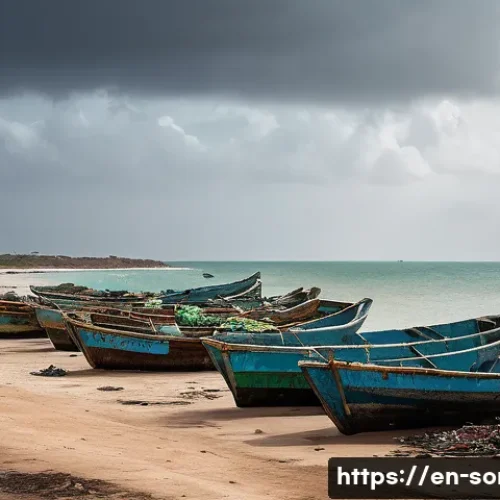소말리아 해적 활동의 역사적 배경 - A detailed scene of a Somali coastal fishing village in decline: weary local fishermen wearing simpl...