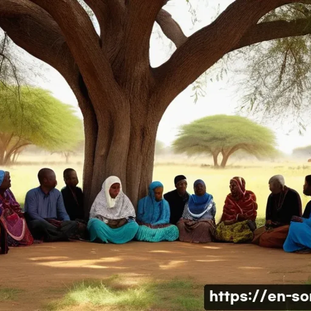 소말리아 내전 종식 노력 - A vibrant outdoor scene showing a group of Somali local elders and traditional leaders seated in a c...