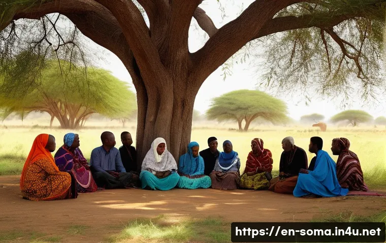 소말리아 내전 종식 노력 - A vibrant outdoor scene showing a group of Somali local elders and traditional leaders seated in a c...