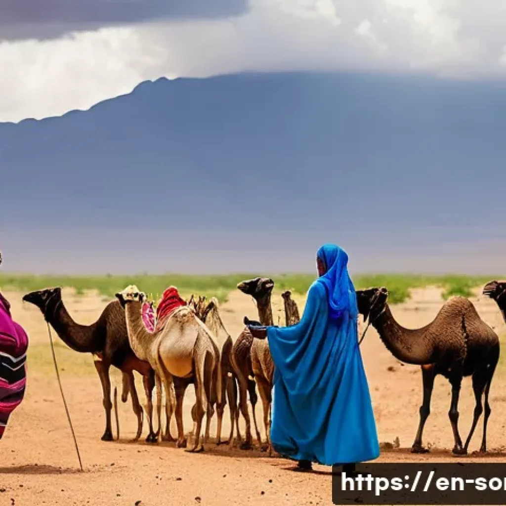 소말리아의 재난 대비 시스템 - A vibrant rural Somali community scene showcasing grassroots early warning systems: farmers and herd...