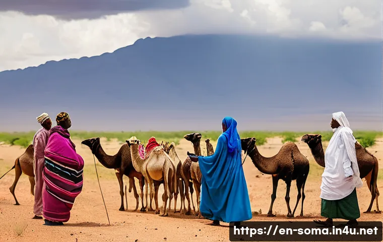 소말리아의 재난 대비 시스템 - A vibrant rural Somali community scene showcasing grassroots early warning systems: farmers and herd...