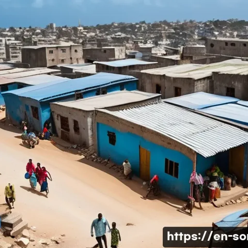 소말리아의 주택 시장 - A bustling urban scene in Mogadishu, Somalia, showing a dense neighborhood with a mix of informal se...