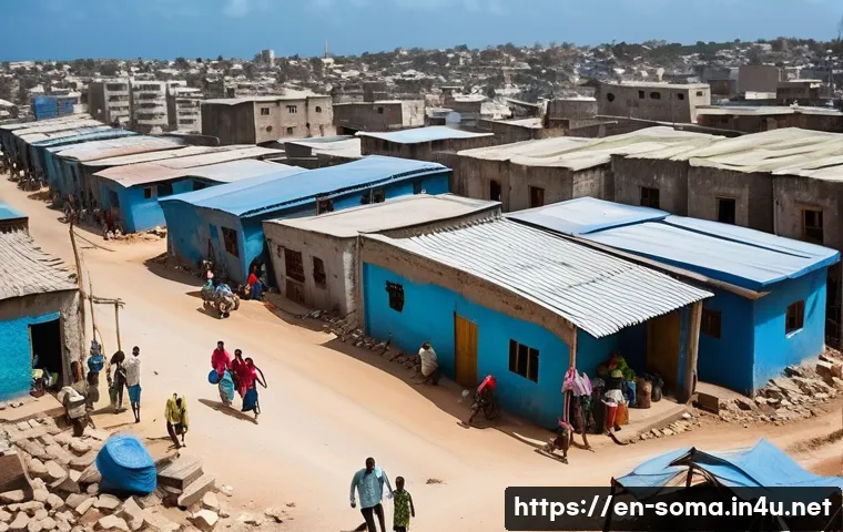 소말리아의 주택 시장 - A bustling urban scene in Mogadishu, Somalia, showing a dense neighborhood with a mix of informal se...