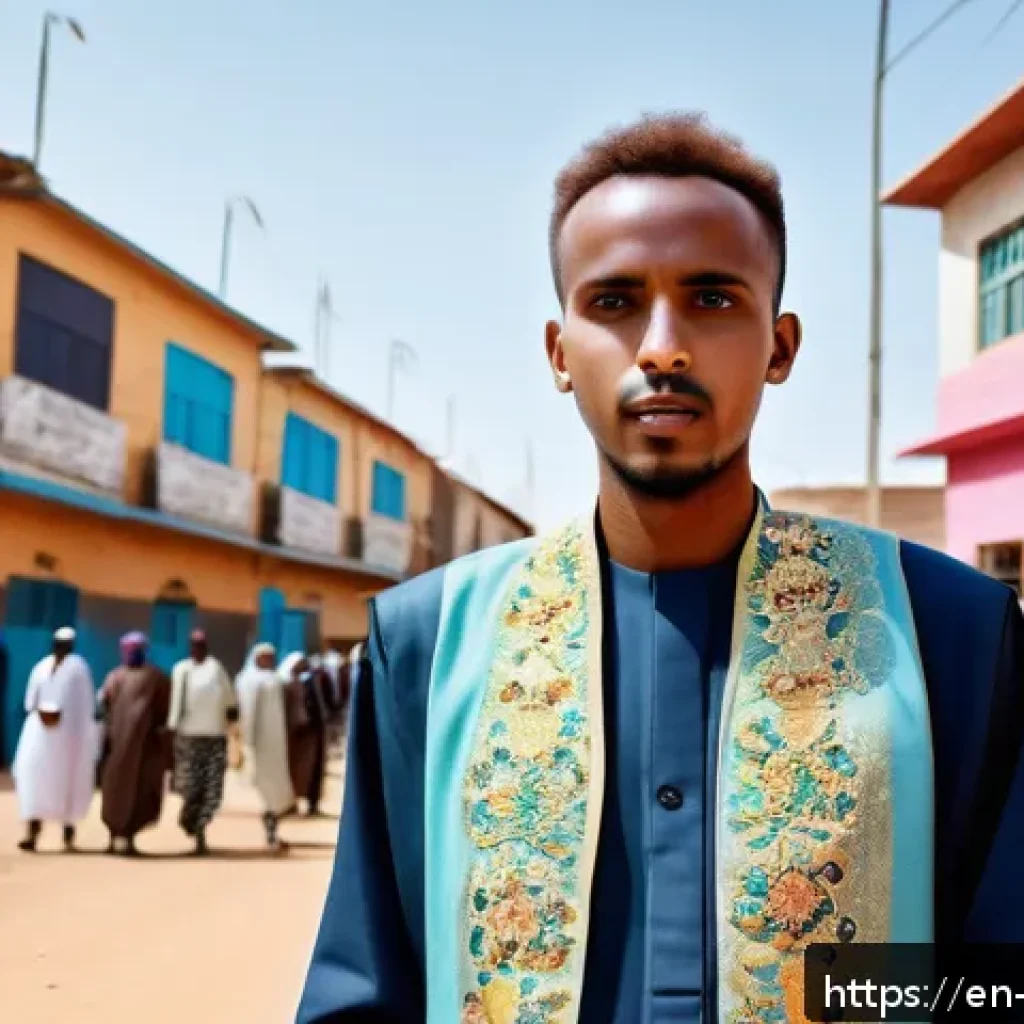 소말리아의 젊은 정치인 - A vibrant portrait of a young Somali political leader standing confidently in front of a bustling ur...