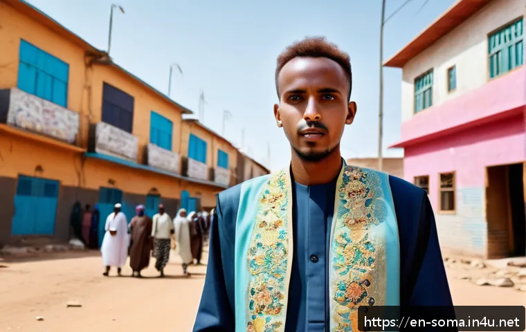 소말리아의 젊은 정치인 - A vibrant portrait of a young Somali political leader standing confidently in front of a bustling ur...