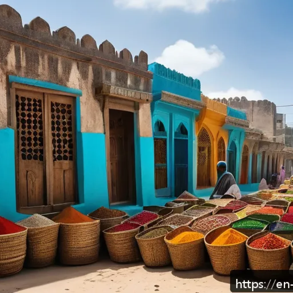 모가디슈 여행 가이드 - A vibrant street scene in Mogadishu&rsquo;s historic district during daylight, featuring narrow winding al...