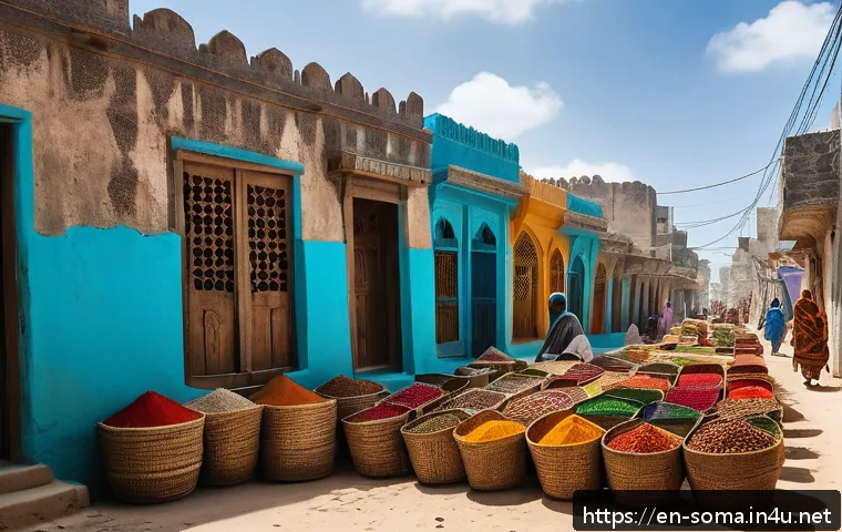모가디슈 여행 가이드 - A vibrant street scene in Mogadishu’s historic district during daylight, featuring narrow winding al...