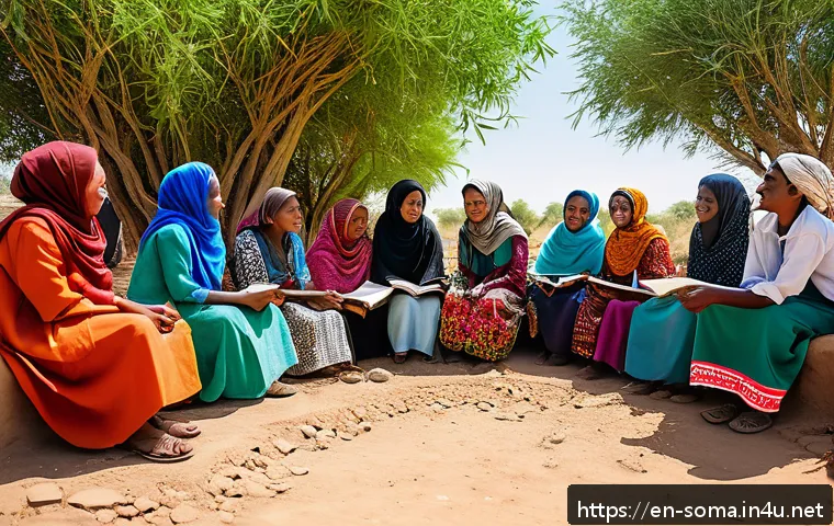 소말리아 사회의 변화 - A vibrant community gathering in a Somali village, featuring diverse groups of local elders, youth, ...