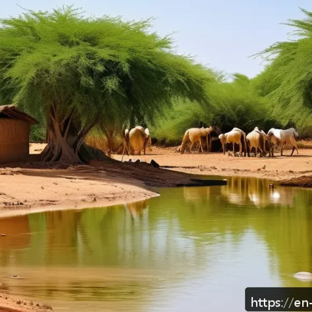 소말리아 주요 강 - A vibrant scene of a Somali village clustered along the banks of the seasonal Shabelle River during ...