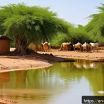 Home 21 소말리아 주요 강 - A vibrant scene of a Somali village clustered along the banks of the seasonal Shabelle River during ...