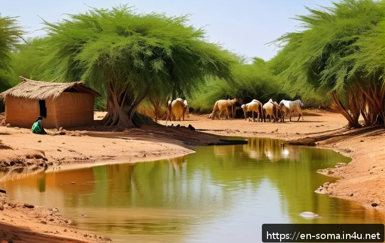 소말리아 주요 강 - A vibrant scene of a Somali village clustered along the banks of the seasonal Shabelle River during ...