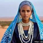Home 20 소말리아의 전통 복식 - A vibrant scene of a Somali woman wearing a traditional dirac dress made of sheer, layered silk fabr...