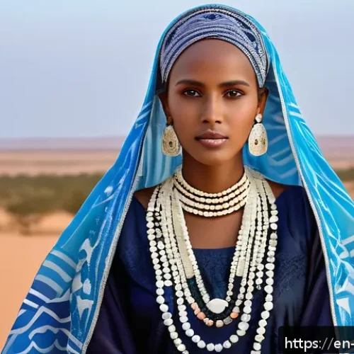 Home 32 소말리아의 전통 복식 - A vibrant scene of a Somali woman wearing a traditional dirac dress made of sheer, layered silk fabr...