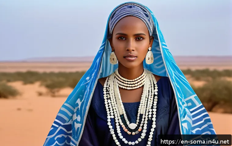 소말리아의 전통 복식 - A vibrant scene of a Somali woman wearing a traditional dirac dress made of sheer, layered silk fabr...