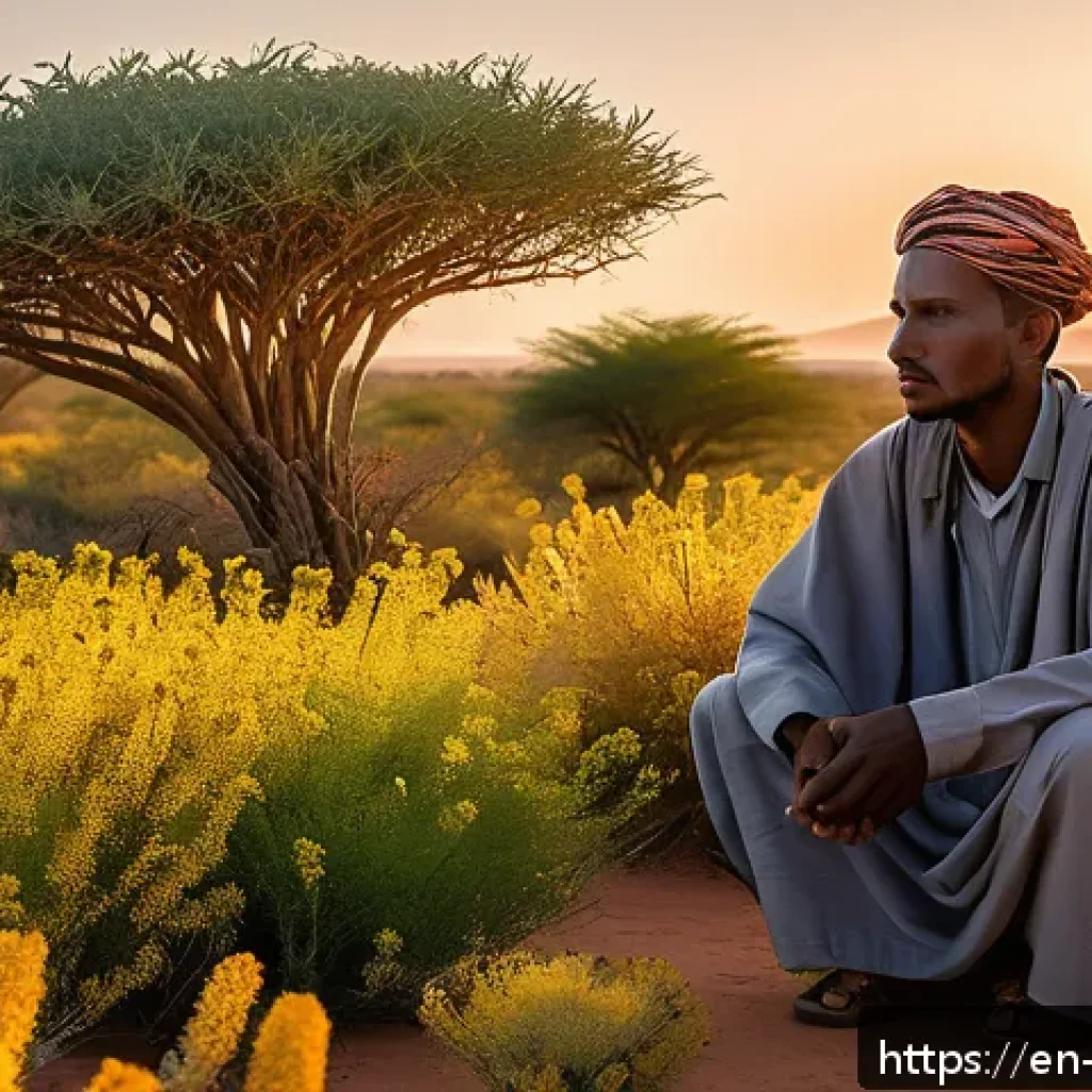 소말리아의 전통 의술 - A serene Somali landscape under a warm golden sunset, featuring native medicinal plants such as fran...