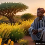 Home 19 소말리아의 전통 의술 - A serene Somali landscape under a warm golden sunset, featuring native medicinal plants such as fran...
