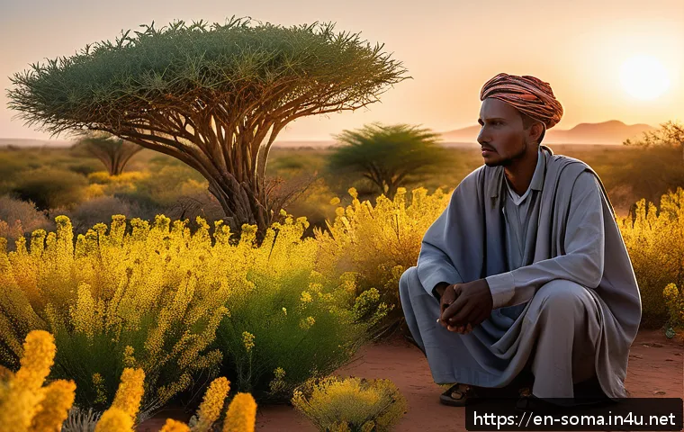 소말리아의 전통 의술 - A serene Somali landscape under a warm golden sunset, featuring native medicinal plants such as fran...