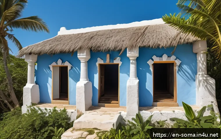 소말리아의 전통 건축물 - A traditional Somali coastal house made from coral stone and limestone, featuring steeply pitched ro...