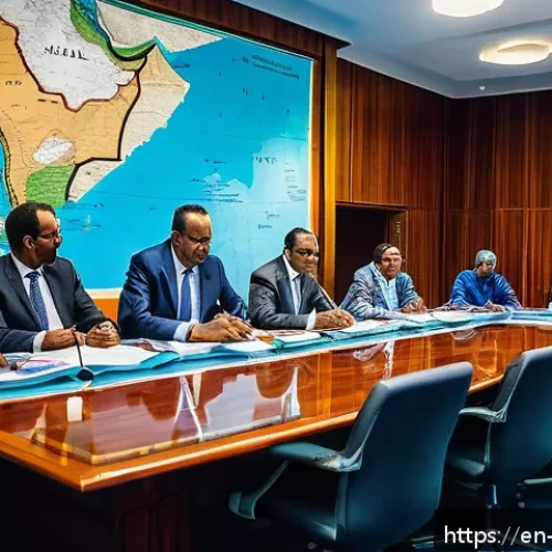 Home 17 소말리아의 주요 공공 기관 - A detailed scene of a Somali federal government meeting room, showing diverse regional leaders from ...