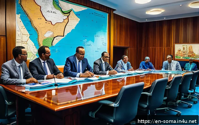 소말리아의 주요 공공 기관 - A detailed scene of a Somali federal government meeting room, showing diverse regional leaders from ...
